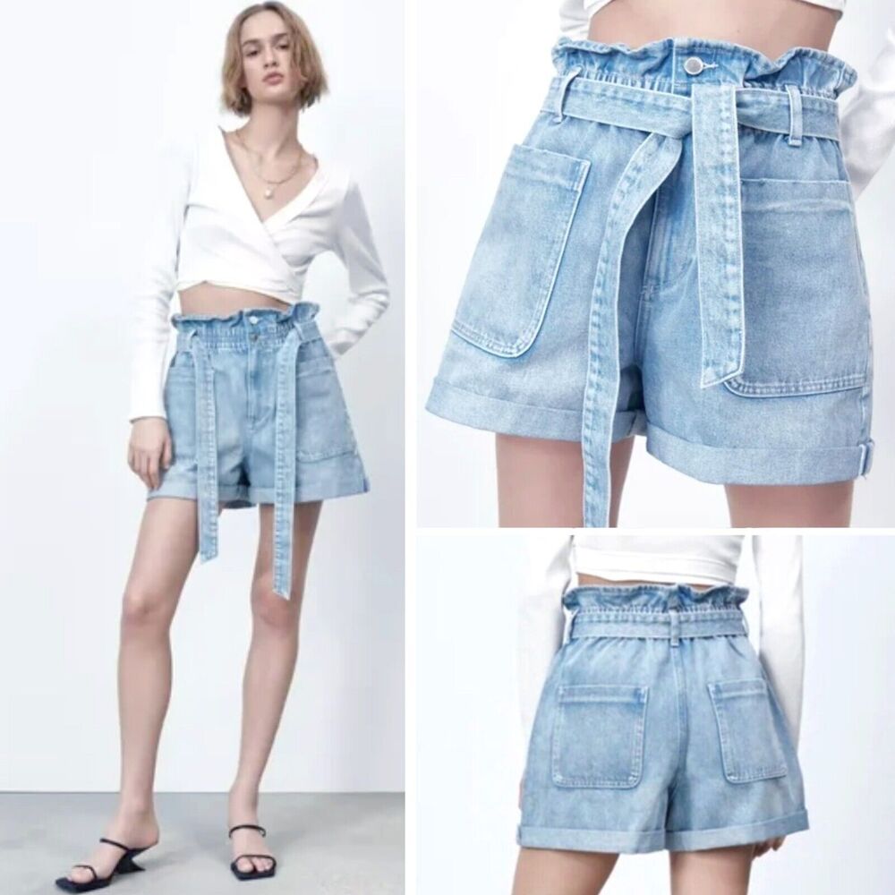 Zara Shorts Womens 6US Blue Relaxed Denim Paperbag Super High Waist Utility 4pkt